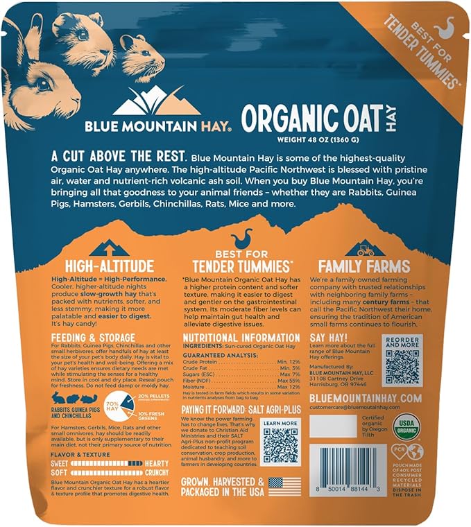 Blue Mountain Hay Fresh Organic Oat Hay (48 oz) from High Altitude Animal Farm for Digestive Health and Dental Care, USDA Organic GMO-Free Antibiotic-Free Chemical-Free Fresh Pet Nutrition