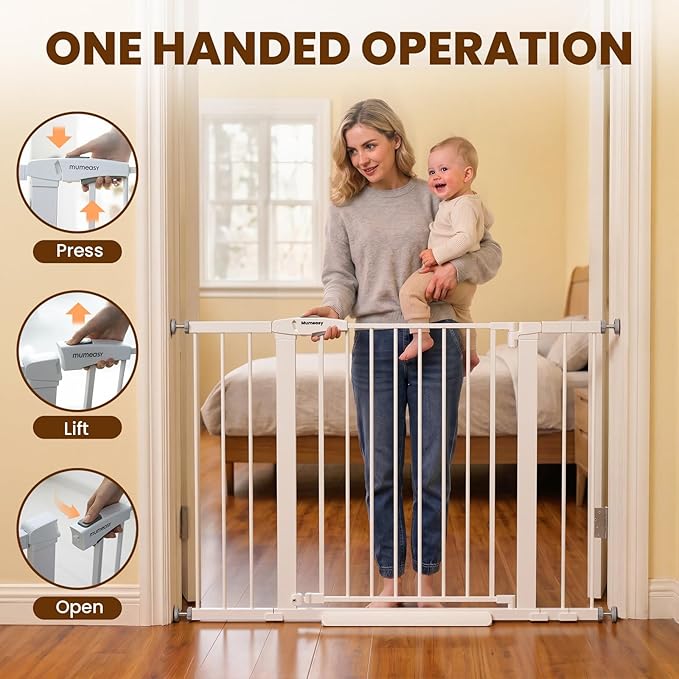 Mumeasy 29.6-46" Baby Gate for Stairs, Pressure Mounted Dog Gate for Doorways, Auto Close Pet Gate for Indoor Use, Extra Wide Child Gate with Walk Thru Door White, Mom's Choice Awards Winner