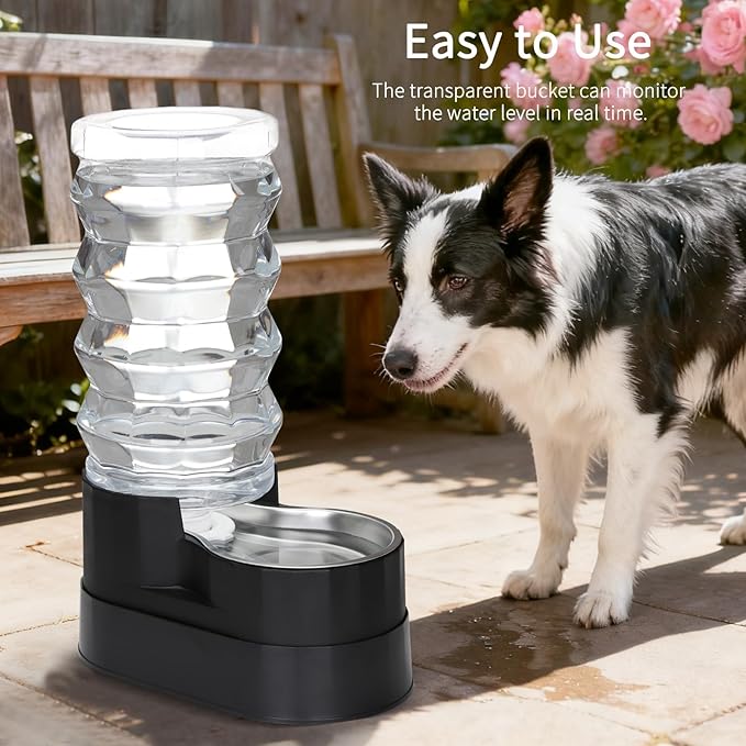 RIZZARI 9L Dog Water Dispenser: Ion Exchange System with Activated Carbon -Helps Prevent Urinary Stones-Extends Lifespan -Eliminates Odors-Softens Water -Black Stainless Steel Automatic Gravity Feeder