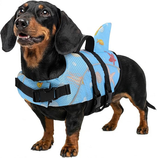 Queenmore Large Dog Shark Life Jacket, Large Dog Life Vest for Swimming and Boating, Lightweight Dog Life Preserver with Rescue Handle/Leash Hook/Reflective Strips