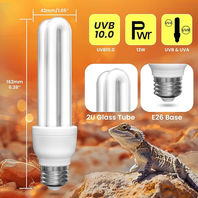 GlowUp UVB 10.0 Reptile Light, 13W Desert Reptile Light for Reptiles Compact Fluorescent UVB Bulbs for Bearded Dragon, Lizard, Snakes (2-Pack)