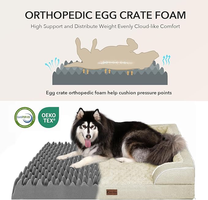 Orthopedic Dog Beds for Large Sized Dogs, Waterproof Memory Foam Large Pet Bed with Sides 36x27Inch, Non-Slip and Egg-Crate Foam Big Dog Couch Bed with Removable Washable Cover, Beige