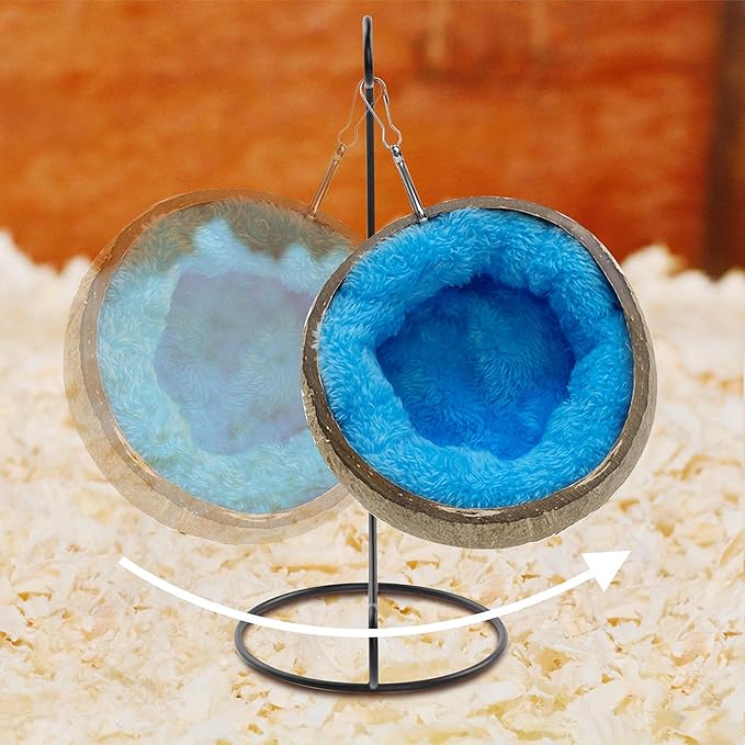 Ranslen Natural Coconut Hamster Hideout Hammock with Molar Toy Suspension Coconut Husk Hamster Bed House with Warm Pad Small Animal Guinea Pigs Habitat Decor Accessories Hanging Loop (Brown)