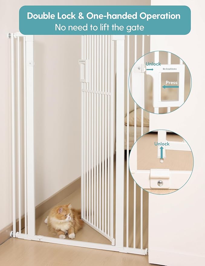 No Pawblems 55" Extra Tall Pet Gate for Cat, 29-43" Auto Close Cat Gate for Doorways/Stairs/Hallways, NO Drilling Pressure Mounted Tall Dog Gate Indoor, 1.37" Pet-Safe Gap, White