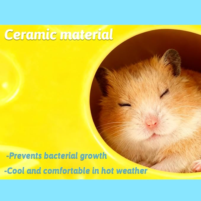Ceramic Hamster Habitat Set, 3-Piece Cute Cheese Design – Water Bottle (3.9oz), Food Bowl & Cooling Hideout House for Dwarf Hamsters, Gerbils, and Small Pets – Easy to Clean & Chew-Resistant