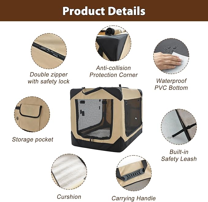 Garnpet 36 Inch Collapsible Soft Dog Crate for Large Dogs, 4-Door Foldable Travel Dog Kennel with Durable Mesh Windows for Indoor & Outdoor Portable Pet Crate, Soft Side Dog Crate, Beige