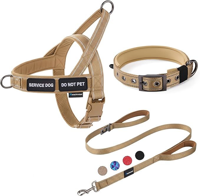 Annchwool No Pull Dog Harness,Heavy Duty Reflective Collar & Leash Set-Leash with Double Handle & Car Seatbelt Clip-Easy Control for Walking Training Medium Large Size Dogs(Brown,L)