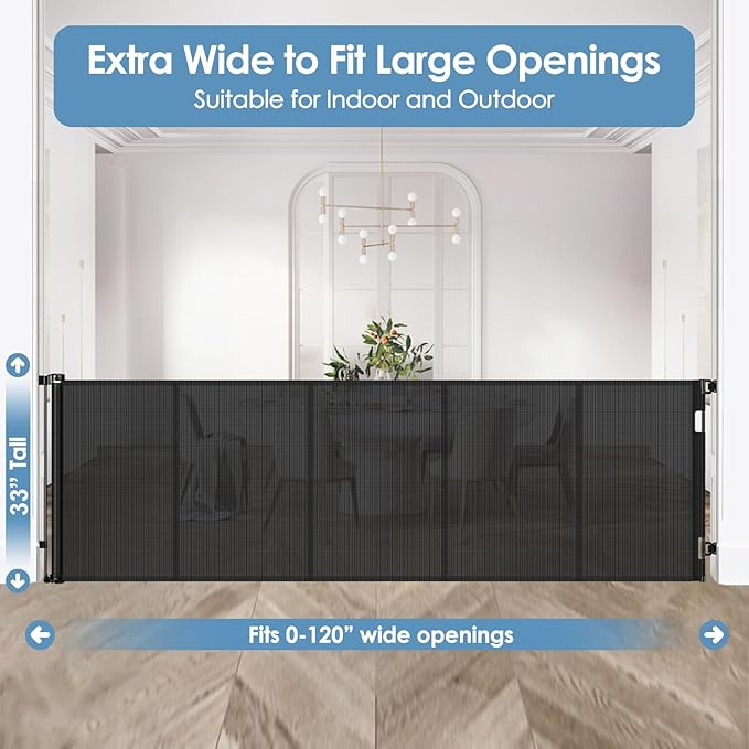 Reinforced 120 Inch Extra Wide Retractable Baby Gates with Support Rods, Upgrade Retractable Dog Gate to Prevent Bottom Crawling Through, 10 Ft Extra Long Mesh Gate Pet Gate for Large Openings, Black