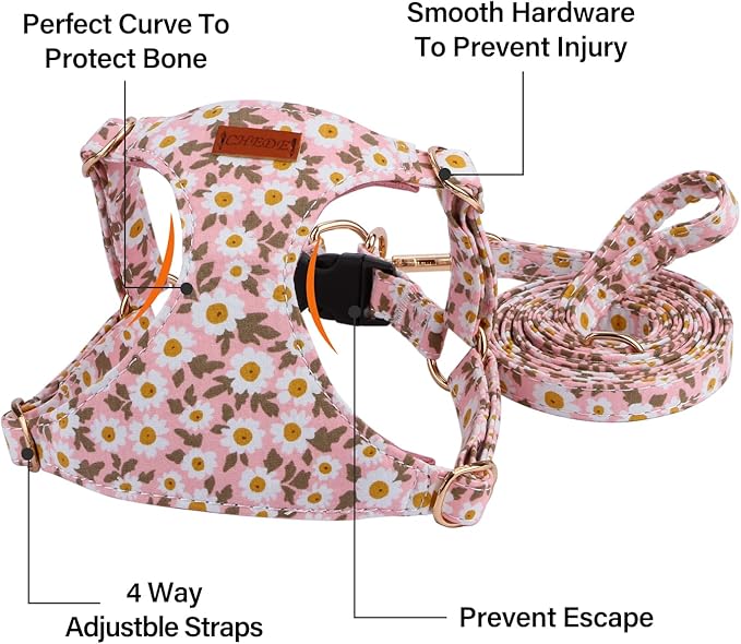 CHEDE No Pull Floral Pattern Dog Harness- Lightweight, Soft, Adjustable Small Harness and Leash Set, Suitable for Puppy Small and Medium-Sized Dog (M, Pink Daisy)