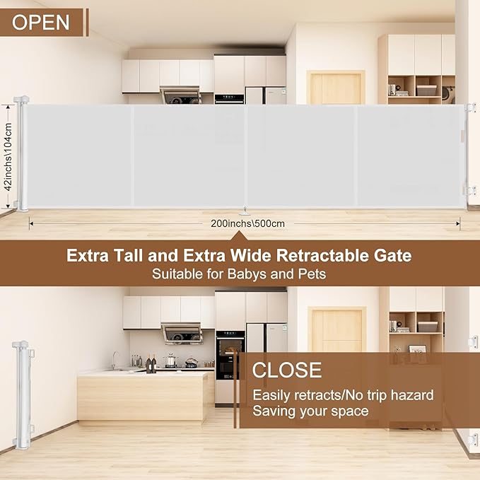 Miumoon 200 inch Retractable Baby Gates 42 inch Tall, Retractable Gate with Reinforced Strip Design to Prevent Crawling Through, 16 FT Outdoor Retractable Gates, Extra Wide Retractable Gate for Garage