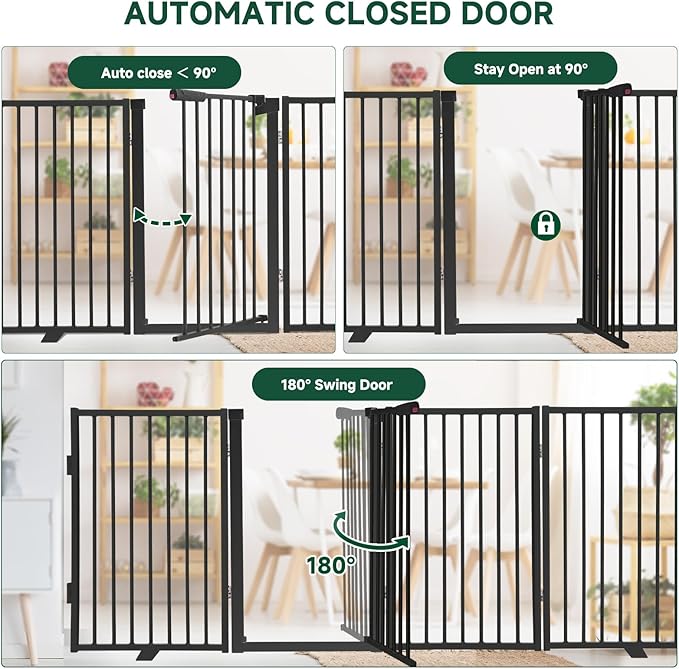 Snagle Paw Full Metal Freestanding Dog Gate with Door, 120” W x 24” H Pet Gate with Support Feet for Doorways, Stairs and Hallways, Portable Dog Fence for Indoor Use(24" 6 Panel, Black)