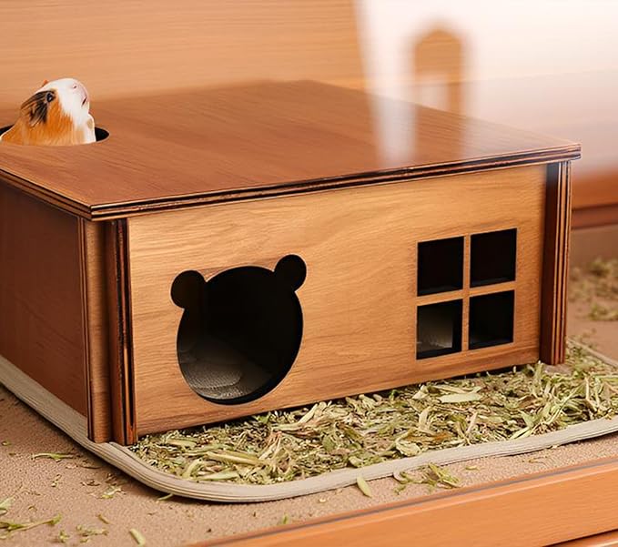Wooden Guinea Pig Hideout, Small Animal Houses Habitats, Large Hideout House for Small Rabbit Chinchilla Gerbil, Sturdy Hamster Hideout Bed Hutch Bunny Cage
