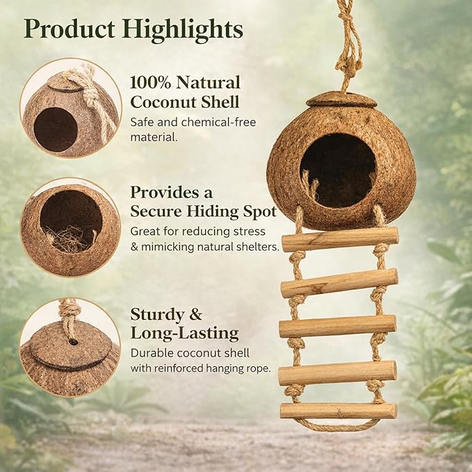 RUNANIA Crested Gecko Tank Accessories，Reptile Vines Plants with Coconut Shell Ladder Hideout Hermit Crab Decor for Bearded Dragon Lizard Chameleon Tortoise Snake