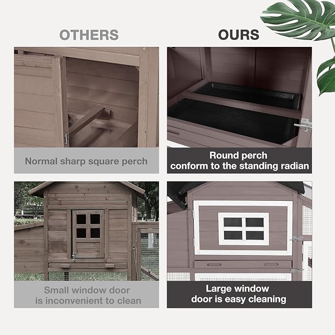 Wooden Chicken Coop with Run, Mobile Chicken House with Wheels, Outdoor Hen Poultry Cage with Leak-Proof Tray and Nesting Box, Lager Chicken Coops with UV-Resistant Roof for 2-3 Chickens (Brown
