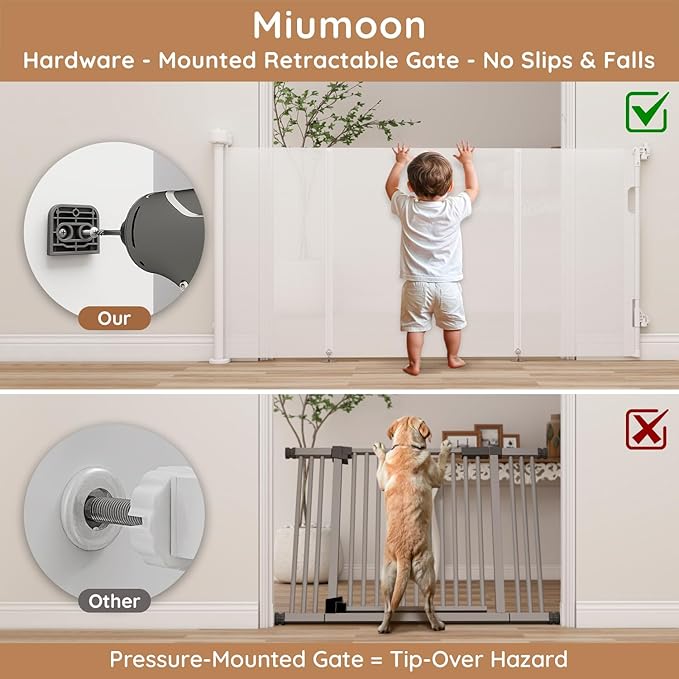 Miumoon One-Hand Operation Retractable Baby Gates, 120 inch Retractable Gate with Reinforced Strip Design to Prevent Crawling Through, 10 FT Extra Wide Retractable Dog Gate for Indoor/Outdoor