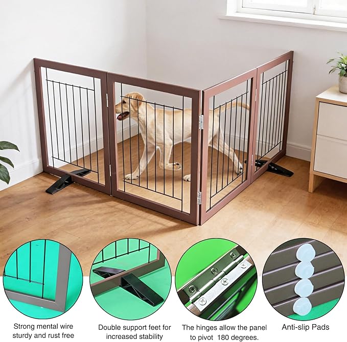 ZJSF Freestanding Dog Gate Indoor, Foldable Dog Fence for Doorways,Hallways or Stairs, Sturdy Wood Extra Wide Pet Gate with Support Feet,Brown,32 "Height-4 Panels