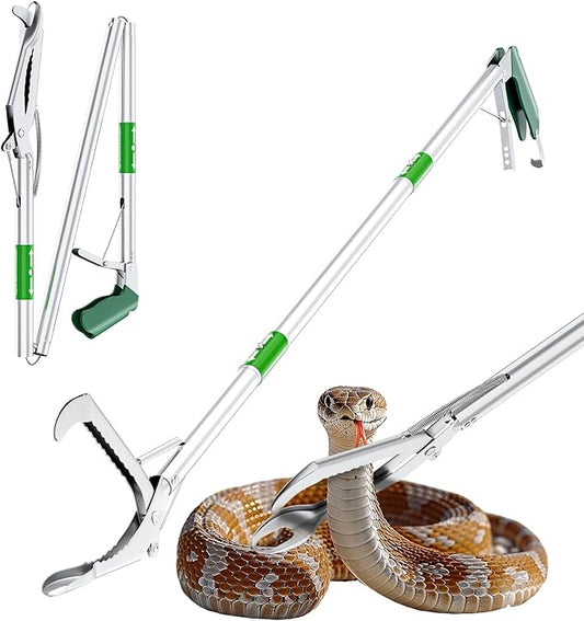 50" Folding Snake Grabber Tongs, Stainless Steel Snake Catcher Tool with Wide Jaws & Non-Slip Handle – Humane Reptile Handling Stick for Outdoor, Yard, Farm & Camping Use