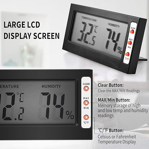 Simple Deluxe Digital Thermometer and Humidity Gauge with Remote Probes for Brooder Reptiles Terrarium, 2 Pack, Black