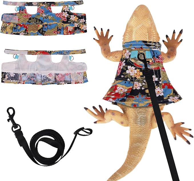 Bearded Dragon Harness and Leash Skirts Set Adjustable Reptile Lizard Leash Rope Dresses Clothes Starter Kit Accessories for Small Animal Outdoor Walking Training (Color)