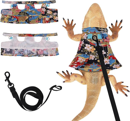 Bearded Dragon Harness and Leash Skirts Set Adjustable Reptile Lizard Leash Rope Dresses Clothes Starter Kit Accessories for Small Animal Outdoor Walking Training (Color)