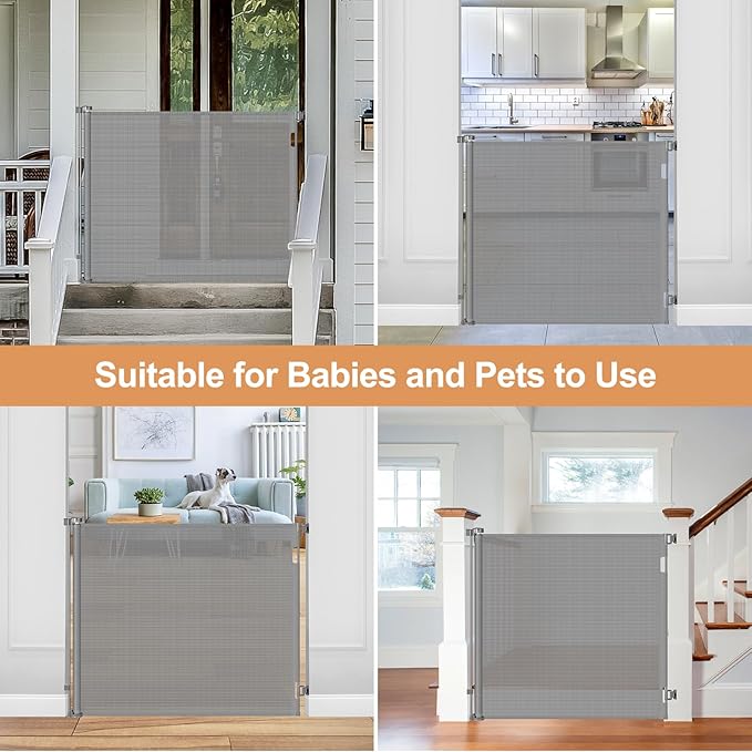 48" Extra Tall Retractable Dog Gate Indoor Prevent Your Baby/Dog/Cat from Jumping Over 55" Wide Extra Tall Retractable Baby Gate for Doorway Mesh Gates for Kids or Pets Puppy Gates for the House, Gray