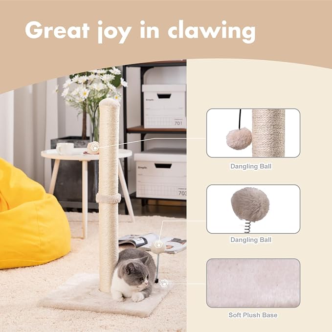 MECOOL 34” Tall Cat Scratching Post Premium Basics Kitten Scratcher Sisal Scratch Posts Trees with Hanging Ball for Indoor Cats, Beige - Image 2