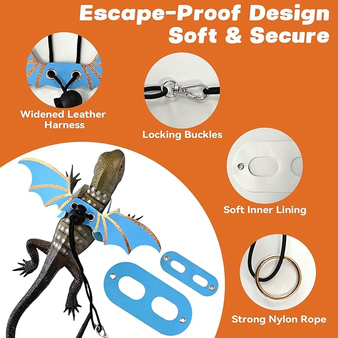 Dinosaur Wing Leash Harness for Bearded Dragons - 3-Size Adjustable Reptile Harness Set, Safe Escape-Proof Design for Lizards, Geckos, Iguanas & Small Pets (Black)