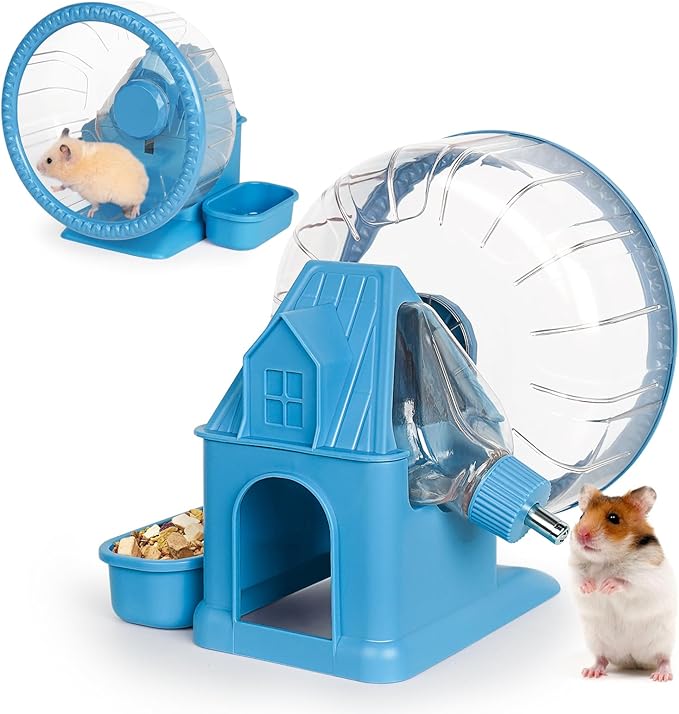 Hamster Toys 4 in 1 Multifunctional Super-Silent Exercise Toys Spinner Wheels with Water Bottle Food Container and Hideout Base Large Spinning Running Wheel for Rat Gerbils Mice (L,Blue)