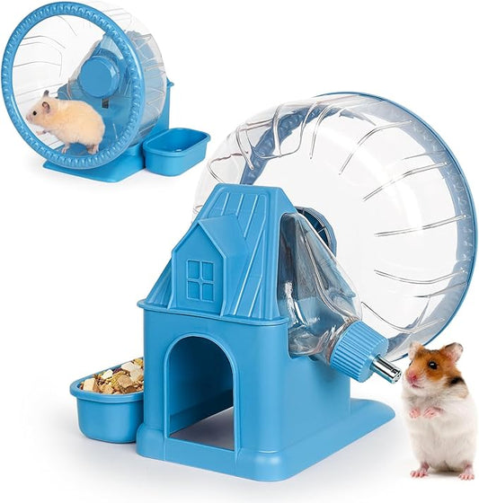 Hamster Toys 4 in 1 Multifunctional Super-Silent Exercise Toys Spinner Wheels with Water Bottle Food Container and Hideout Base Large Spinning Running Wheel for Rat Gerbils Mice (L,Blue)