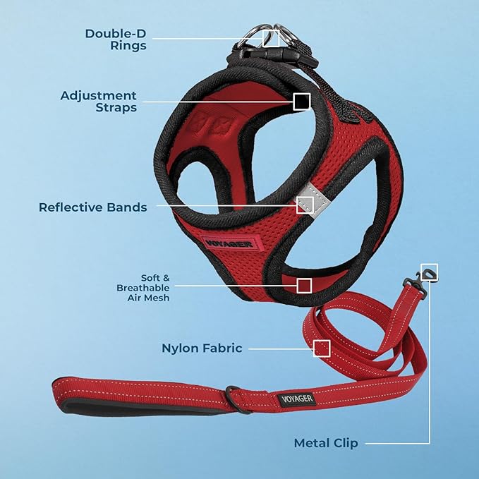Best Pet Supplies Voyager Step-in Air All Weather Mesh Harness and Reflective Dog 5ft Leash Combo with Neoprene Handle, for Small, Medium and Large Breed Puppies - Set (Red/Black Trim), Large