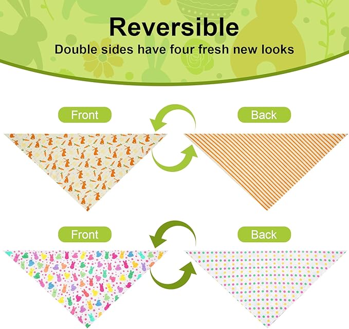 Easter Dog Bandanas Large 2PCS, Triangle Reversible Bunny Scarf for Boy and Girl, Adjustable Puppy Bibs for Large and Extra Large Pets Cats