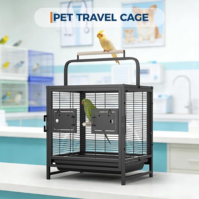 19-Inch Wrought Iron Bird Cage, Travel Carrier for Small Birds, Parrot Cage with Removable Tray & Wooden Perch, Ideal for Parakeets, Cockatiels, Lovebirds, Conures, Budgies, Canaries, Pigeons