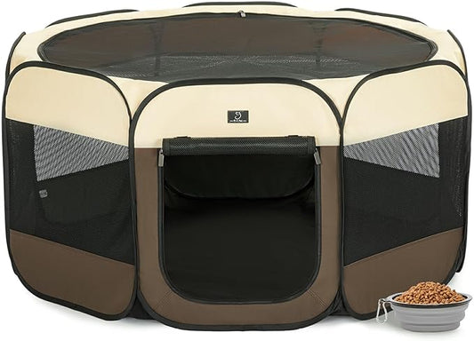 Dog Playpen for Small Dogs & Puppies, 50.39" Portable Indoor Outdoor Puppy Playpen with Bowl, Waterproof Floor, Foldable Pop-Up Pet Pen for Home, Travel & Daily Use, Brown+Beige