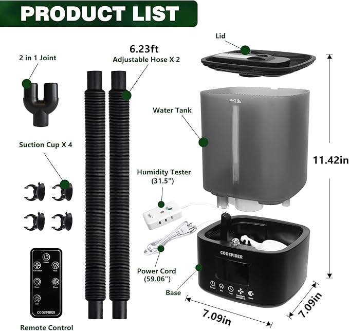 Coospider Reptile Fogger Terrariums Humidifier, Top Fill Cool Mist, Automatic Reptile Mister with Dual Hose, Timer, Humidity Control for Reptile Mister for Amphibians Herps Vivarium (5L/1.32GAL)