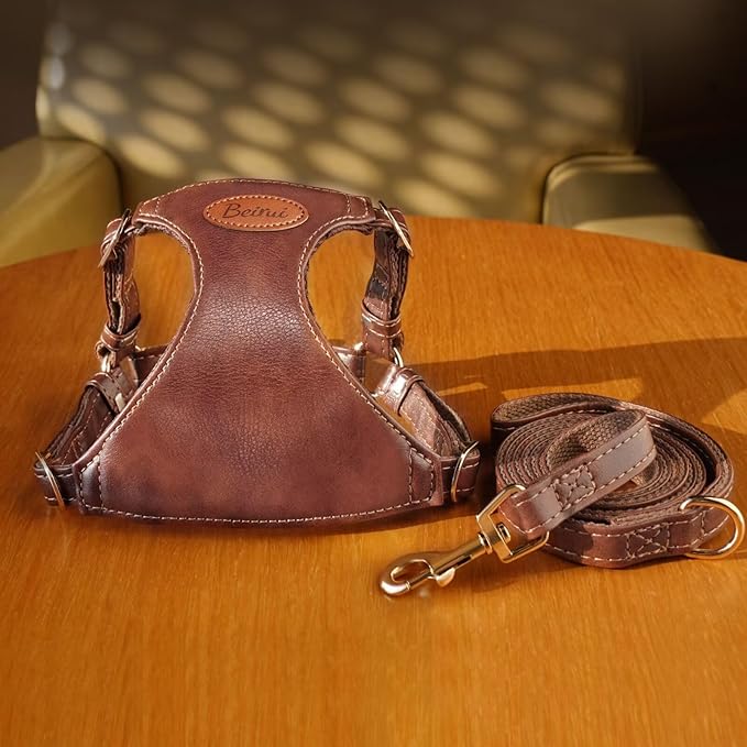 Beirui ‌Stylish PU Leather Dog Harness‌ and Leash Set for Small Dogs, ‌Adjustable Step in Dog Vest Harness with Breathable Mesh Lining and Durable Metal Buckle for Walking Traveling(Brown,S)