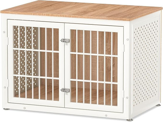 rehomerance 38" Heavy Duty Dog Crate Furniture for Large and Medium Dogs,Wooden Metal Kennel for High Anxiety Dogs, Chew Proof Pet Cage Indoor, Decorative Dog Kennel End Table, White
