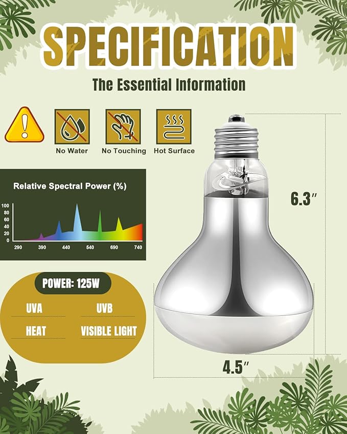 Heat Lamp Bulbs, 125 Watt Reptile Heat Bulb, Full Spectrum UVA UVB Light Bulb, Natural Daylight, Basking Spot, Sun Light for Reptile and Amphibian, Pack of 2