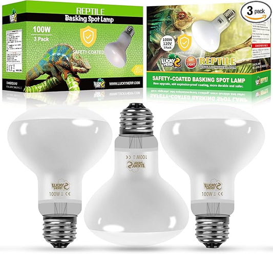 LUCKY HERP New Upgrade 3 Pack 100W Reptile Heat Lamp Bulb (3nd Gen, Safer), Amphibian UVA Heat Light Bulb, Reptile Basking Daylight Spot Lamp Bulb for Bearded Dragon, Lizard, Tortoise Heating Use