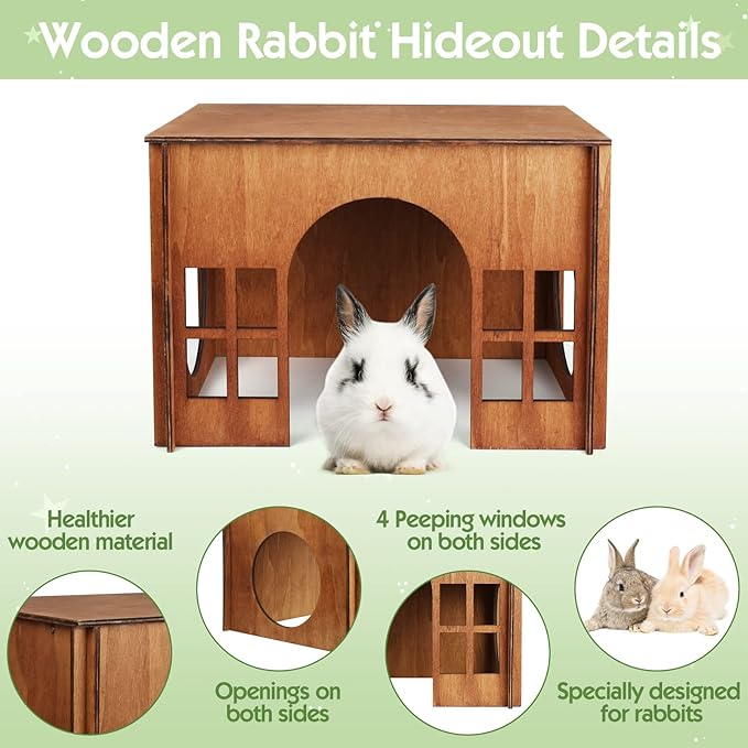 Large Rabbit Hideouts, Wooden Bunny House Rabbit Houses and Hideouts Habitat Castle for Indoor Bunnies, Guinea Pigs, Hamsters, Chinchillas