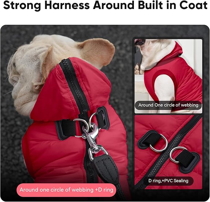Vecomfy Fleece Lining Dog Hoodie with Harness Built in,Extra Warm Small Dog Jacket in Winter Puppy Coats with Hooded,Red M