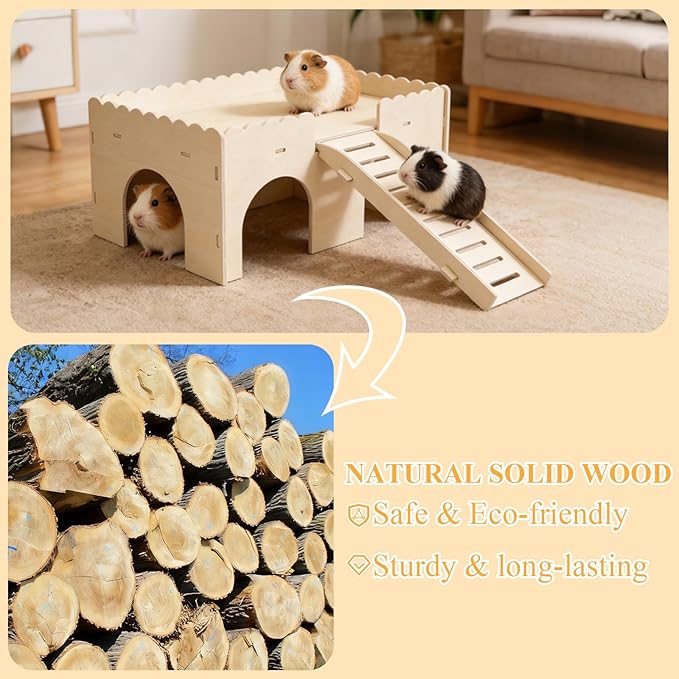 Hypeety Wooden Guinea Pig Hideout Sturdy Wooden Castle with Stairs Easy to Assemble Small Animal House Guinea Pig Hut Bed Habitats for Hamsters Bunnies Chinchillas Playing and Hiding