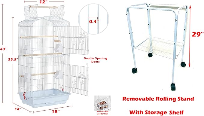 Large Open/Close Top Bird Cage Side Breeding Nest Box Doors Easy Clean Pull Out Tray Clear Feeder Cups for Canary Parakeet Cockatiel Lovebird Finches with Removable Rolling Stand