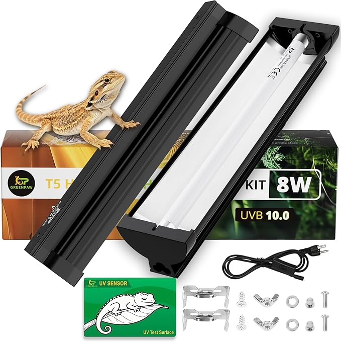 T5 UVB Reptile Light Fixture Combo Kit 8W: 10.0 HO UVB Light for Reptiles Terrarium Hood Comes with UVB Lamp, 12'' Linear UVB Light Bar for Desert Bearded Dragon,Turtle,Gecko - UV Sensor Test Card