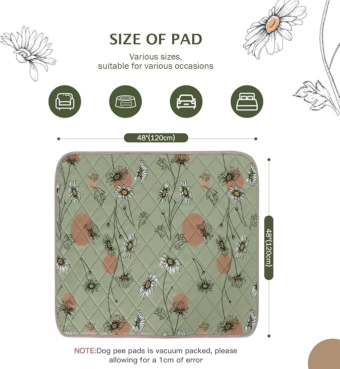 IEUUMLER Washable Pee Pads for Dogs, 1 Pack Non-Slip & Waterproof Pack Whelping Pad, Reusable Washable Puppy Potty Training Pad with Fast Absorbent for Playpen EU007 (Grass Green Daisy, 48"X48"-1pcs)