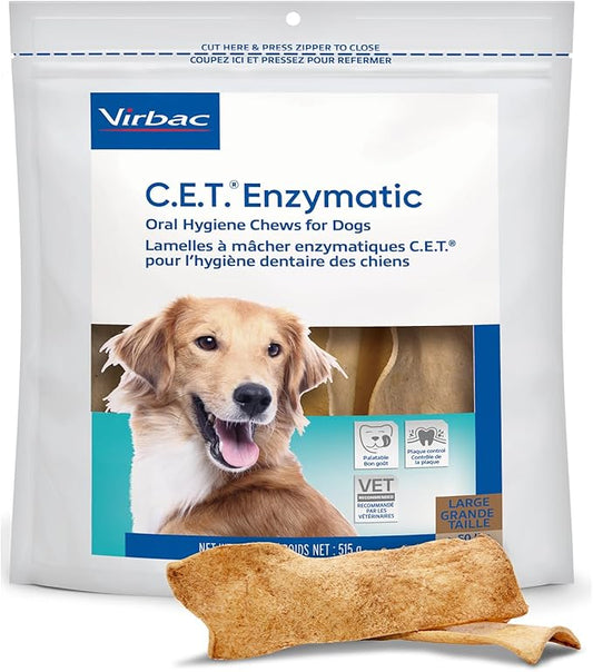 Virbac C.E.T.® Enzymatic Oral Hygiene Chews for Dogs, Large - Plaque & Tartar Control - Single Layer Beefhide with Exclusive Dual-Enzyme System & Tasty Chicken Flavor - Easy to Give Dog Dental Chew