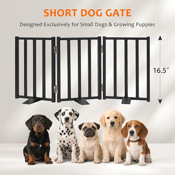 Snagle Paw Short Dog Gate,16.5" Tall Freestanding Metal Dog Gate Only for Small Dogs with Support Feet Easily Step Over,Up to 36" Wide Puppy Gate Indoor for Stairs,Doorways(Black,3 Panel)