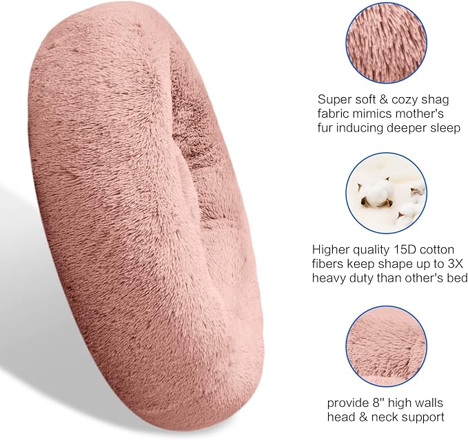 SAVFOX 36 inches Calming Donut Dog Bed - 3X Durable Plush Faux Fur, Machine Washable & Non-Slip, Fits up to 100 lbs, Pink