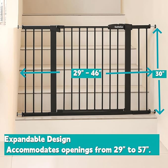 44.72"-46.89" Baby and Pet Safety Gate, 30" Tall Metal Walk-Thru Gate for Doorways & Stairs, Easy One-Hand Open, Dual Lock, Extensions & Wall Mounts Included (Brown, 29"-46" W x 30.5“H)