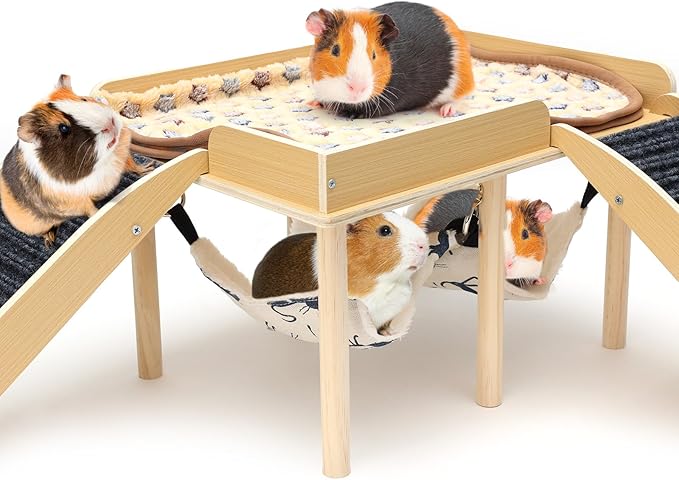Guinea Pig Hideout Castle, Wooden Chinchilla House with 2 Stairs and Hammock, Small Animals Habitats Hut Accessories for Hamsters Bunny Rabbit Hedgehog Playing Hiding, Easy Assembly