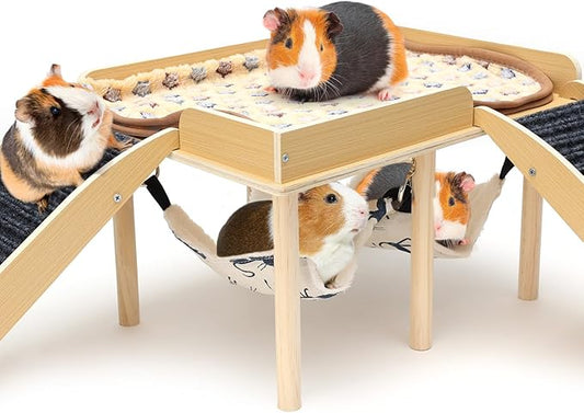 Guinea Pig Hideout Castle, Wooden Chinchilla House with 2 Stairs and Hammock, Small Animals Habitats Hut Accessories for Hamsters Bunny Rabbit Hedgehog Playing Hiding, Easy Assembly